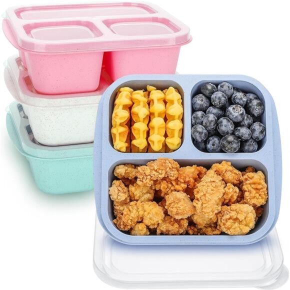 Bento Box For Kids, 4 Pack 3 Compartments Meal Prep Containers Reusable Lunch - Picture 1 of 7